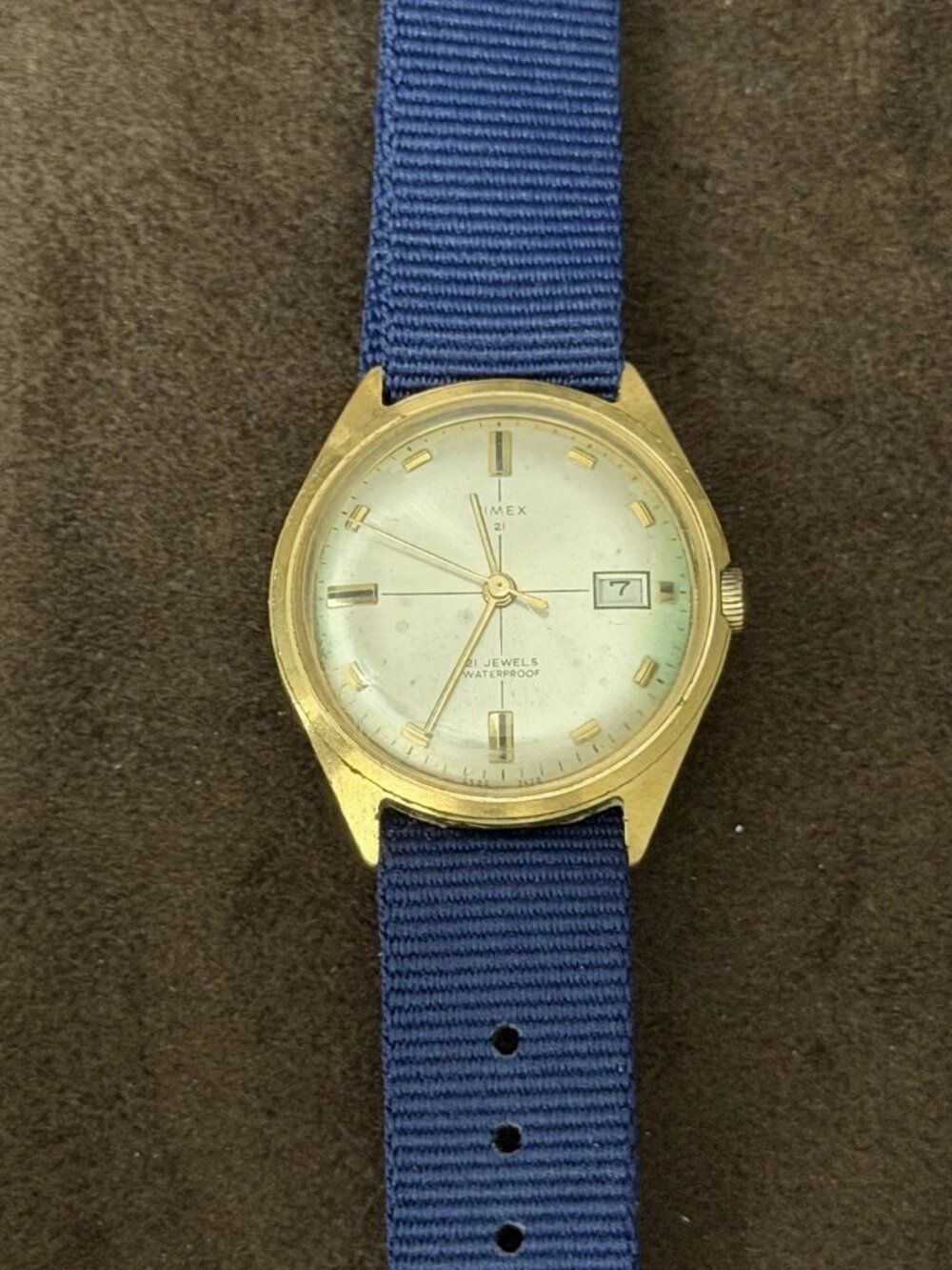 Timex 21 Jewels Automatic Analog Watch Silver Dial Date Gold Tone Blue Nylon